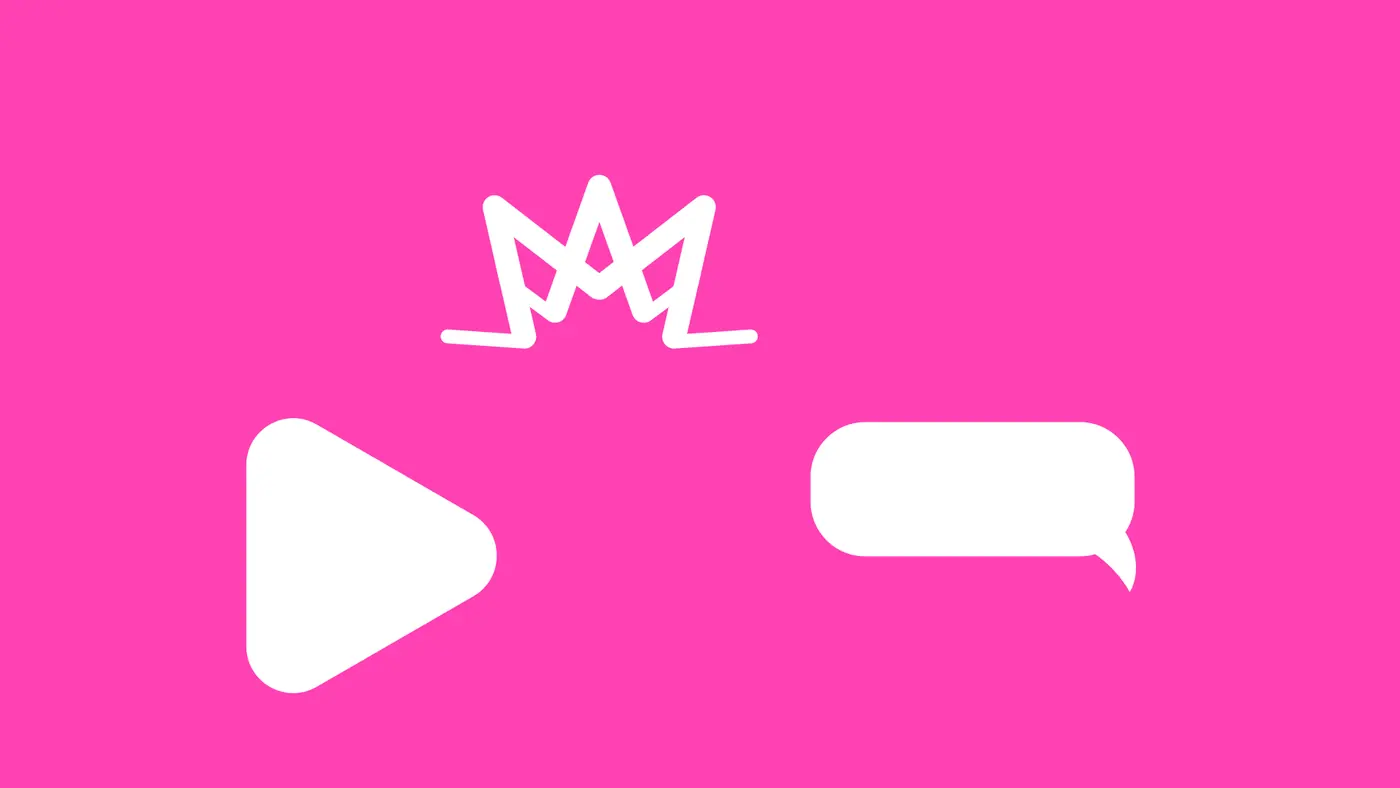 Coroa, play e balão de conversa em branco sobre rosa